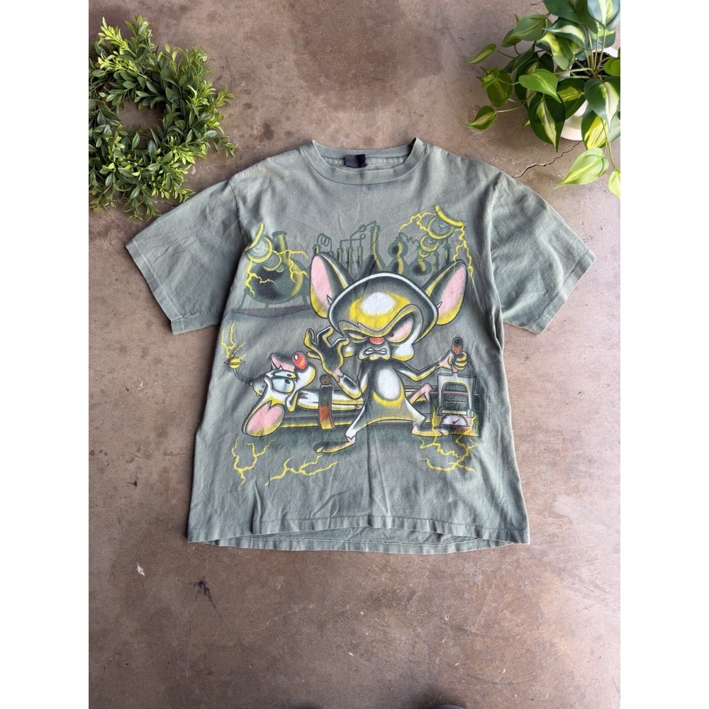 Vintage Pinky And The Brain Shirt Mens XL‎ Green 1995 Cartoon Single Stitch 90s